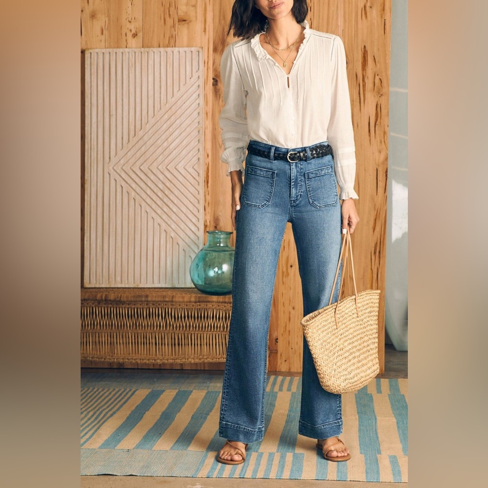 Faherty Willa Button Front Organic Cotton Ruffle Collar Embroidered White Top 22 - Picture 2 of 11